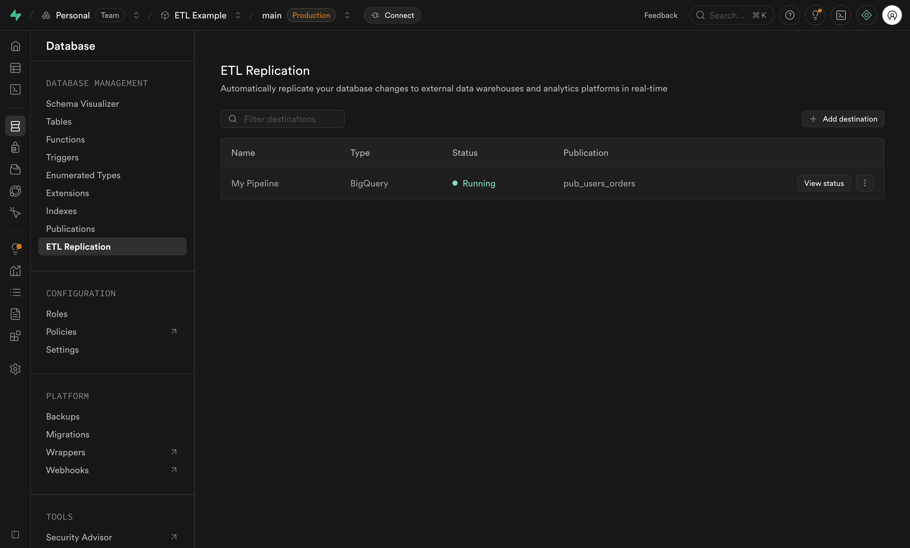 External replication (ETL) destinations list