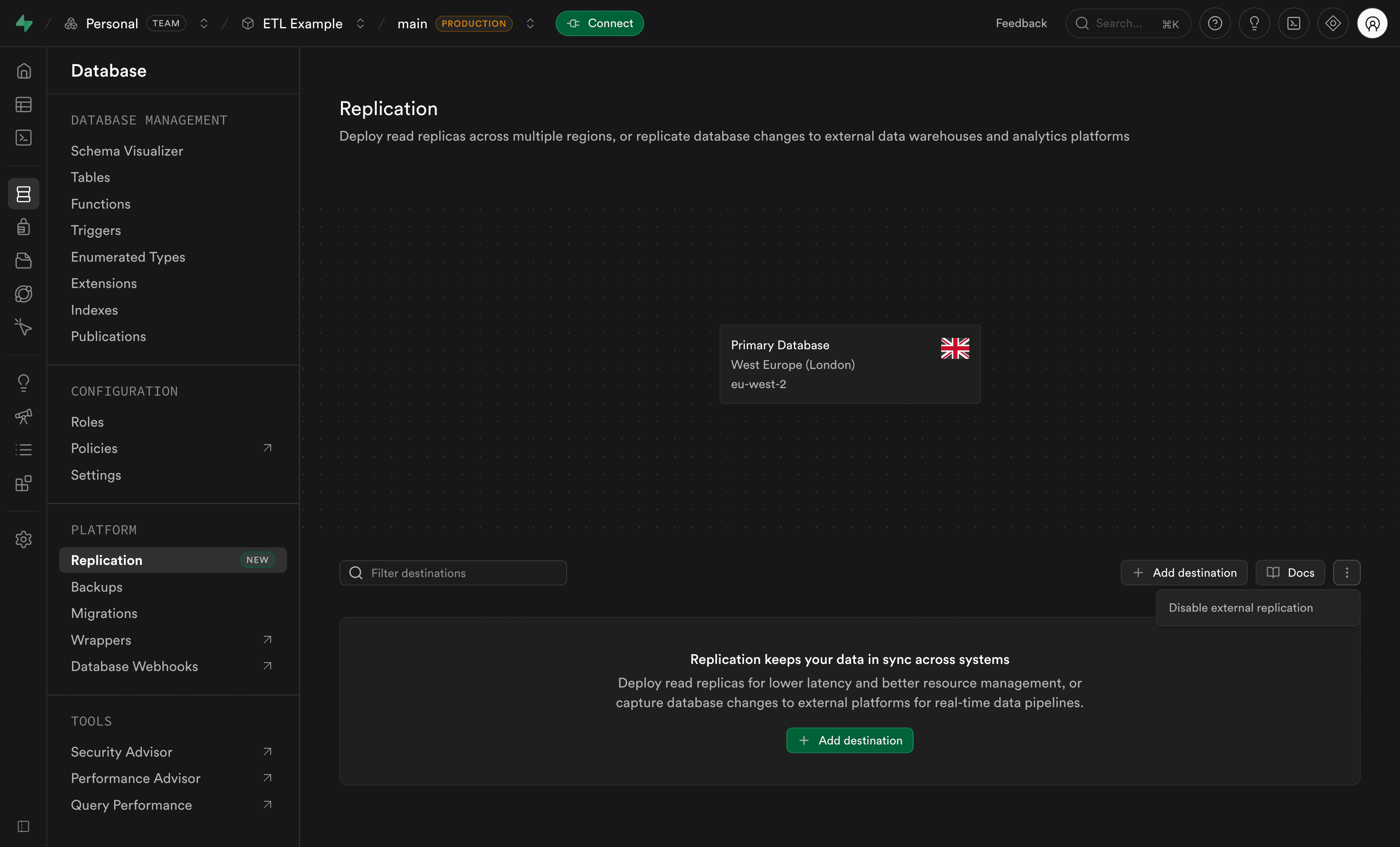 Disable external replication (ETL) from the Replication page actions menu